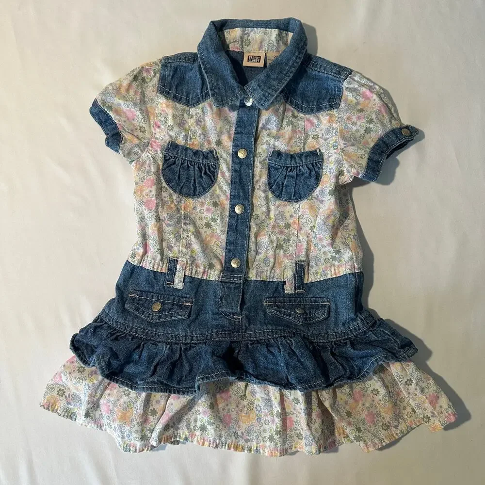 Vintage 90s Faded Glory Floral Denim Patchwork Cowgirl Jean Dress Sz 24 mo
